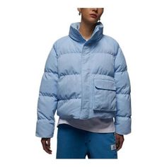 (WMNS) Air Jordan Flight Puffer Jacket 'Blue' DR0547-411 Flight Logo, Reversible Puffer Jacket, Karl Kani, Puffer Jacket Women, Streetwear Women, Cotton Jacket, Short Jacket, Logo Embroidery, Streetwear Outfit