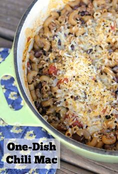 one - dish chili mac and cheese recipe in a cast iron skillet with text overlay