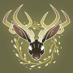 a deer's head with antlers and leaves on the side, in front of an olive green background