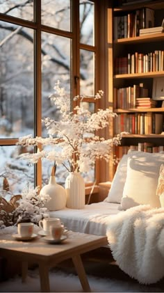 a living room filled with lots of furniture and bookshelves covered in white flowers