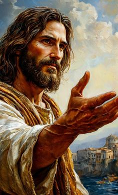 a painting of jesus holding his hands up