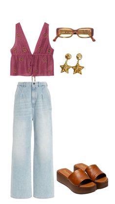 a pair of jeans, sandals and a pink top