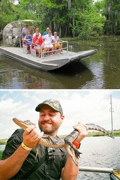 two pictures with people on a boat in the water and one has a large snake wrapped around its neck