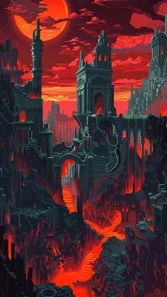 an image of a futuristic city in the sky with red and orange lights on it