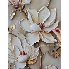 a painting of white flowers on a gray background