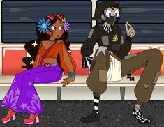 two people sitting on a bench in front of a bus with one person wearing a mask