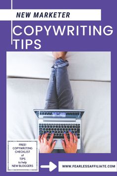 a person typing on a laptop with the words new market copywriter tips above it