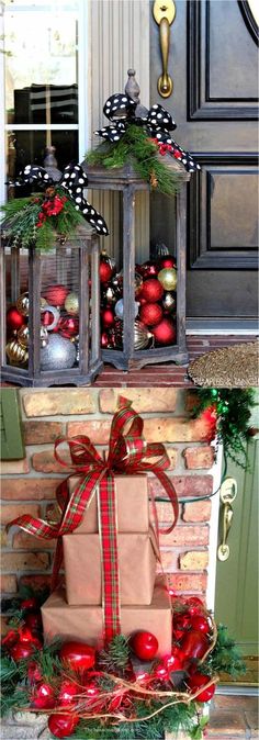 christmas decorations and presents on the front porch