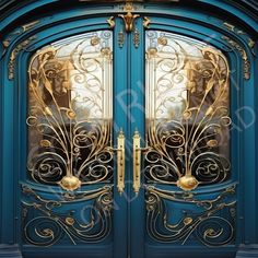 an ornately designed blue door with gold accents