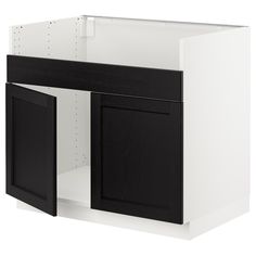 a black and white cabinet with two doors on the bottom shelf is shown in this image