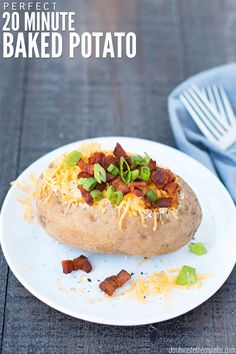 a baked potato on a plate with bacon and cheese in the center that says how to make the perfect baked potato in under 20 minutes