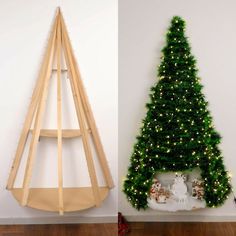 a christmas tree next to a wooden shelf