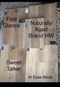 wood flooring samples with the words first glance, naturally aged and brand hw