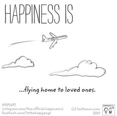 an airplane flying in the sky with words above it that read happiness is hying home to loved ones