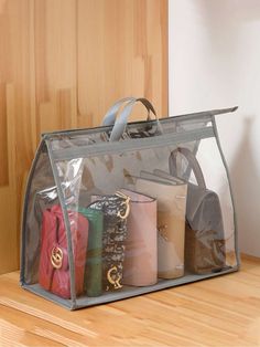 a clear bag sitting on top of a wooden table