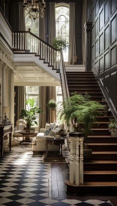 an elegant foyer with black and white checkered flooring, chandelier and stairs