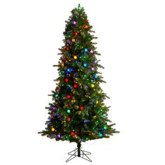 an artificial christmas tree with multicolored lights on it's base and stand