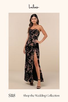 a woman in a black dress with flowers on it and the words shop the wedding collection