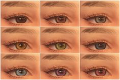 multiple images of different colored eyes with long lashes and brown, green, blue, yellow or pink colors