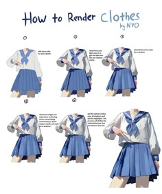 the instructions for how to wear a blue and white blouse with pleated skirt on it