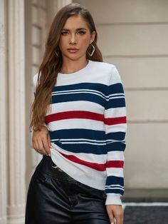 F00272454-305 Striped Crew Neck Sweater For Winter, Striped Long Sleeve Knit Sweater, Striped Knit Long Sleeve Sweater, Striped Stretch Sweater For Fall, Casual Stretch Fine Knit Sweater, Casual Striped Knitted Sweater, Casual Striped Knit Top For Fall, Striped Long Sleeve Knit Top For Fall, Knitted Crew Neck Sweater With Stretch