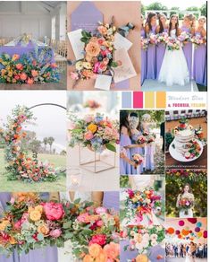 a collage of photos with different flowers and colors on them, including oranges, pinks, yellows, and blue