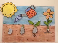 a drawing of plants and watering can with the sun in the background