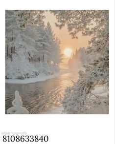 an image of the sun setting over a river in the woods with snow covered trees