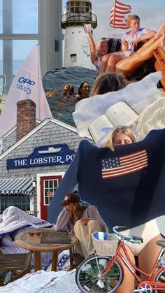 a collage of people and their bikes in front of a lighthouse with an american flag on it