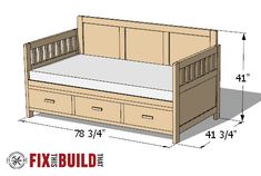 the bed frame is made from wood and has drawers underneath it