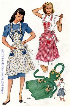 two women in aprons and dresses with hats