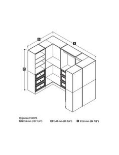 the drawing shows an office desk with drawers and shelves, as well as a file cabinet