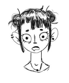 a black and white drawing of a girl with her hair in buns on top of her head