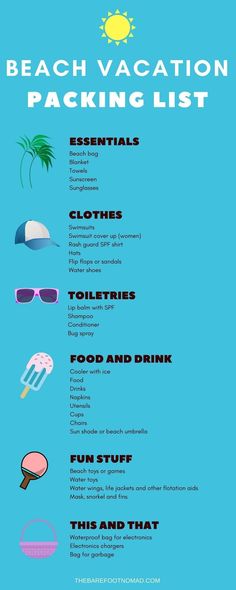 the beach vacation packing list is shown