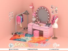 a pink dressing table with a mirror, stool and other items on it in front of a pink wall