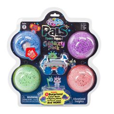 the package includes four different colors and shapes for playdouh's galaxy pack