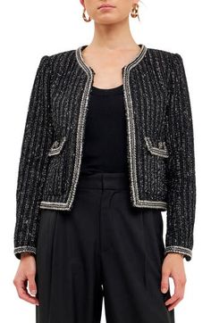 Sparkling sequins border this tactile tweed jacket knit with shimmering metallic threads. Jewel neck Lined 100% polyester Dry clean Imported Evening Tweed Jacket, Elegant Winter Outerwear With Contrast Sequin, Chic Contrast Sequin Outerwear For Fall, Chic Fall Outerwear With Contrast Sequin, Luxury Tweed Jacket For Fall Parties, Fall Evening Tweed Outerwear, Tweed Outerwear For Evening In Fall, Unique Fabric, Maternity Shops