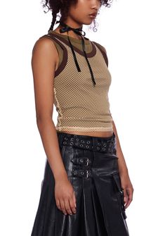 This tank top has a stretchy jersey knit construction with a sheer mesh overlay and a contrasting trim. Mesh Top Outfit Layered, Trendy Stretch Sleeveless Mesh Top, Trendy Sleeveless Stretch Mesh Top, Casual Sheer Mesh Tank Top, Trendy Stretch Mesh Tank Top, Fitted Mesh Vest Top, Spring Mesh Stretch Tank Top, Stretch Mesh Tank Tops, Sheer Mesh Stretch Tank Top