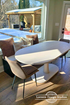 a dining room table and chairs in front of a sliding glass door