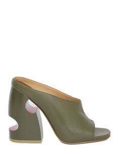 Elevate your style with these stunning METEOR HEEL SANDALS. Crafted from luxurious soft military green nappa, these sandals feature a thong open toe and an embossed off-white logo on the insole. The standout detail is the block heel with a vibrant fuchsia meteor cut-out, adding a pop of color to your look. With a heel height of 12cm, these Italian-sized sandals are perfect for making a statement wherever you go. Add a touch of luxury to your wardrobe with these exquisite METEOR HEEL SANDALS. Whe Off-white Logo, Green Sandals, Off White Shoes, Sandals For Sale, Italian Luxury, Military Green, Heel Sandals, Mules Shoes, Fashion Lover