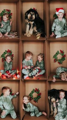 several pictures of children and a dog in boxes with christmas decorations on the bottom one