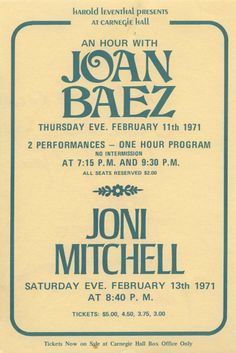 an old concert poster for joan baez and jon mitchell at the capitol ballroom in washington, dc