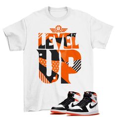 Level Up Tee, Jordan 1 Retro High Electro Orange Unisex T-Shirt Our custom designs are printed on Gildan t-shirts/sweatshirts. This is a custom item. We do not start production on this item until you make your purchase. *Please message us before leaving a negative review so we can fix the issue. Thanks! **PLEASE NOTE THAT THIS IS FOR SHIRT ONLY. SHOES ARE NOT PART OF THIS SALE COLOR DISCLAIMER: YOUR SCREEN DISPLAYS COLORS WITH INTENSE SATURATION, ITEM'S COLORS MAY NOT BE AS SATURATED IN PERSON C Customizable White Sporty T-shirt, Hip Hop Crew Neck Top With Sublimation Print, Urban White Crew Neck T-shirt, White Fan Apparel Top With Sublimation Print, White Top With Sublimation Print Fan Apparel, White Tops With Sublimation Print For Fans, White Sublimation Print Top For Fans, White Logo Print T-shirt For Streetwear, White Print Logo Shirt For Streetwear