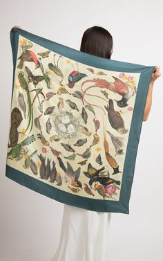 Birds symbolise infinite possibilities and the different species of these creatures shown on this scarf emanate that beautiful representation. The circular pattern formed by birds from vintage illustrations represents eternity which is the same as what birds embody. This silk scarf is an embodiment of the endless pursuit of dreams. This square scarf features a poetic design made from pure silk that are light and soft to touch. It complements any outfit. It can be styled in various ways - around Scarfs Prints, Square Head Scarf, Pattern Scarf Silk, Scarf Designs, Bird Scarf, Silk Scarf Design, Scarf Square, Vintage Scarves, Silk Bandana