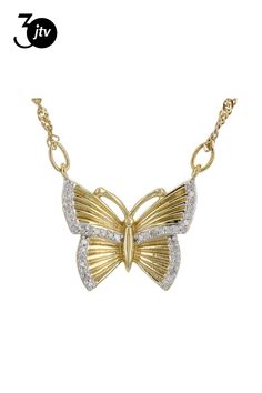 Engild��� 0.15ctw round white diamond, 14k yellow gold over sterling silver butterfly necklace. Measures approximately 5/8"W and features a Singapore chain with a 2 inch extender and a lobster claw clasp closure. White rhodium enhanced prongs. Silver Butterfly Necklace, Silver Butterfly, Butterfly Necklace, White Diamond, Singapore, Yellow Gold, Sterling Silver, Chain, Yellow