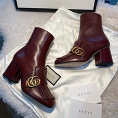 New With Box And Dust Bags Authentic Gucci Marmont 75 Boots.In Beautiful Burgundy Leather.Women Size 35.Price Is Firm.(Only Tried On Indoor So There Might Be Some Leather Wrinkles Inside As Reference.) Elegant Gucci Calf Leather Boots, Gucci Designer Boots For Office, Designer Gucci Boots For Office, Elegant Gucci Boots For Formal Occasions, Gucci Boots Women, Burgundy Boots, Gucci Boots, Gold Boots, Gucci Marmont