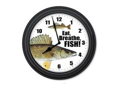 a clock with fish on it that says eat breathe, fish 3 - 5 minutes