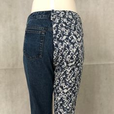 "Deconstructed Hybrid \"Parti Colored\" Jeans - Half Denim Leopard Print & Half Denim Blue Half and Half Mashup \"Chicos\" Brand - Women's Size 1 Leopard Print Denim \"Lands End\" Brand - Women's Size 12 Blue Denim 98% Cotton, 2% Spandex Unisex 32\" Waist, 31\" Inseam Medieval Style Parti Colored Pants Amazing Leopard Print Denim Quality Brands Comfortable & Flattering" Reworked Blue Jeans In Recycled Denim, Blue Reworked Recycled Denim Jeans, Blue Stretch Patchwork Jeans, Blue Stretch Jeans With Patchwork, Reworked Straight Leg Blue Jeans, Indigo Patchwork Denim Jeans, Reworked Blue Cotton Jeans, Blue Patchwork Fitted Jeans, Blue Reworked Cotton Jeans