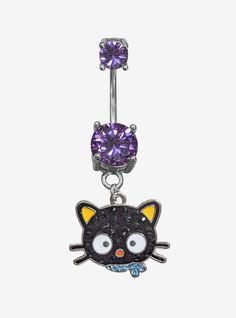 a black cat belly ring with purple crystals on it's face and an orange nose