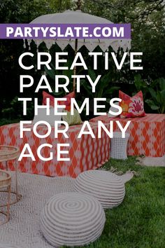 an outdoor party with orange and white furniture